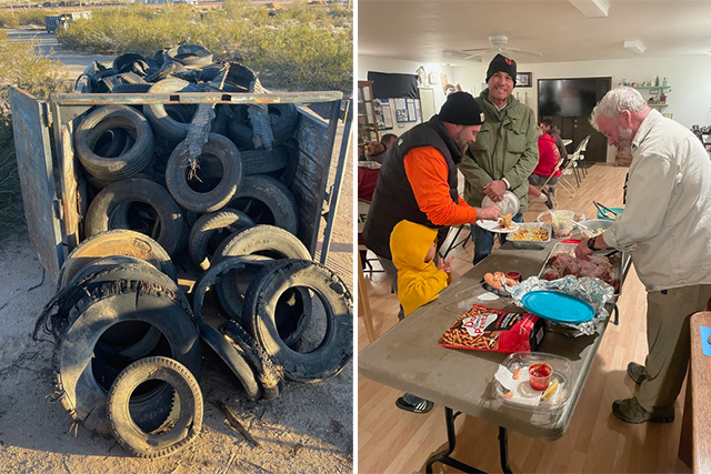 two photos: old tires, and after work chow